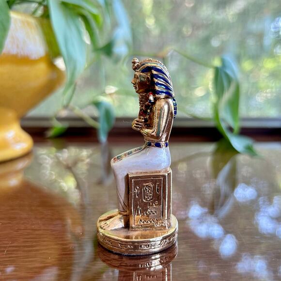 Vintage Egyptian Pharaoh Figurine – Gold & Enamel King Tut Statue – 2.75” Tall - Picture 2 of 10